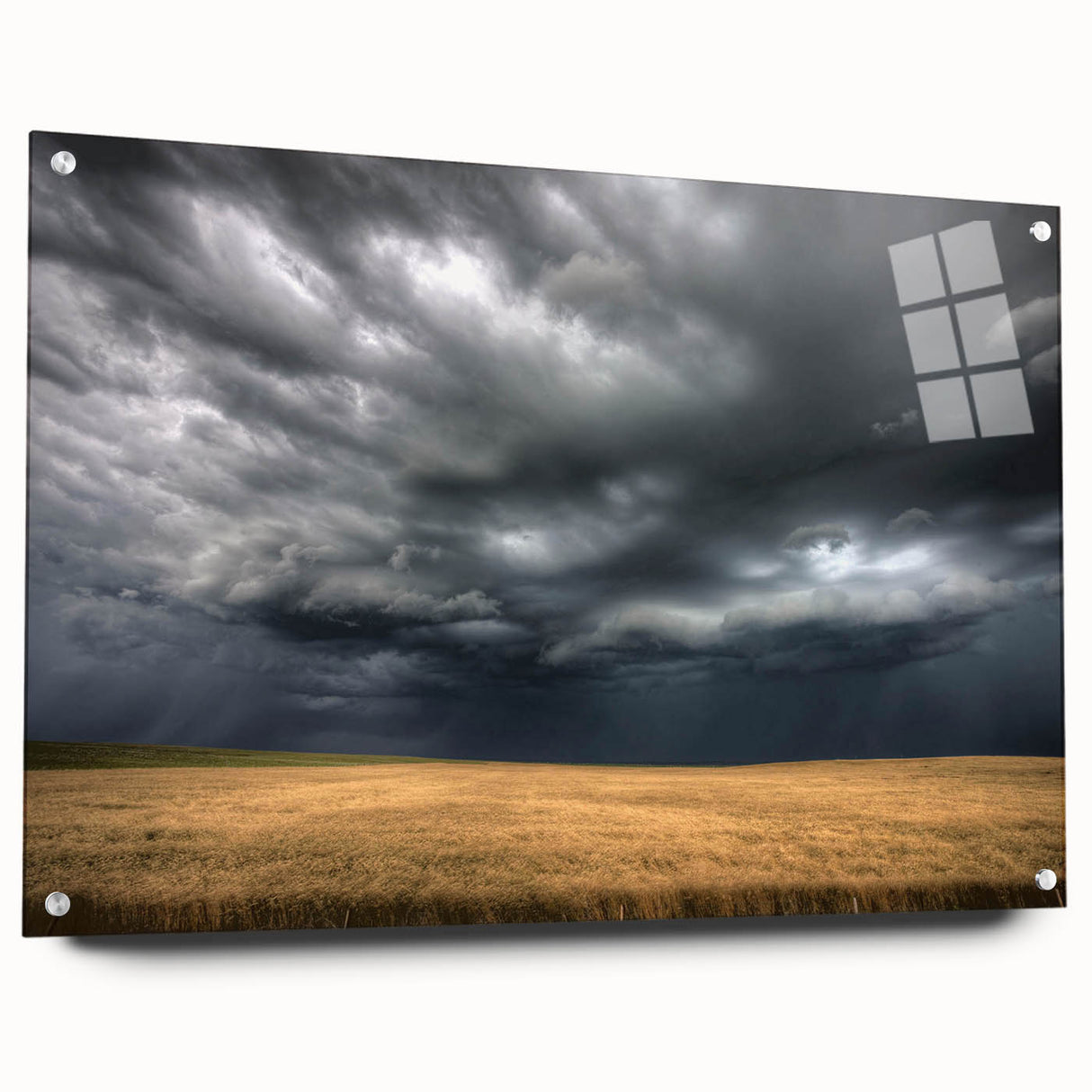 Side view of a vibrant acrylic wall art collection featuring landscapes and skyscapes, showcasing colorful designs secured with decorative pins. Ideal for modern decor.