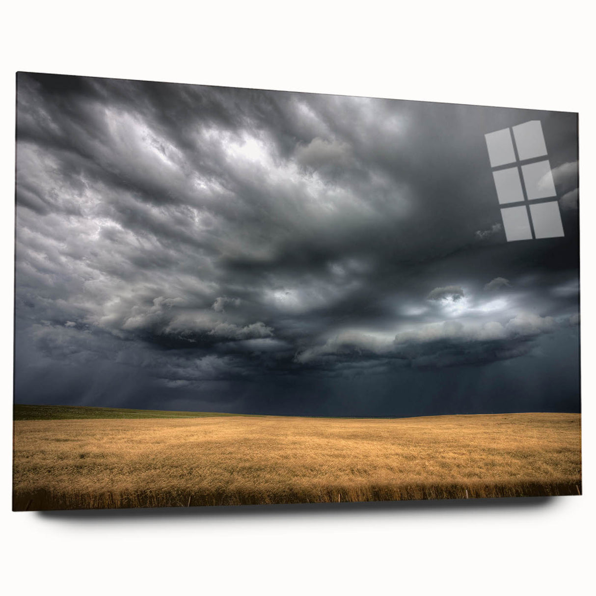 Vibrant acrylic glass wall art showcasing a serene landscapes and skyscapes design, elegantly displayed from the side without pins, perfect for modern decor.