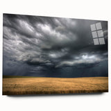 Vibrant acrylic glass wall art showcasing a serene landscapes and skyscapes design, elegantly displayed from the side without pins, perfect for modern decor.