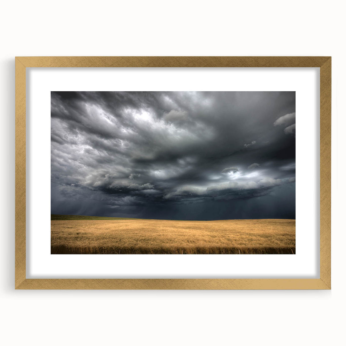 Framed wall art showcasing a stunning landscape skyscape design with a gold mat, perfect for home decor. Ideal for modern interiors, adding elegance and charm.