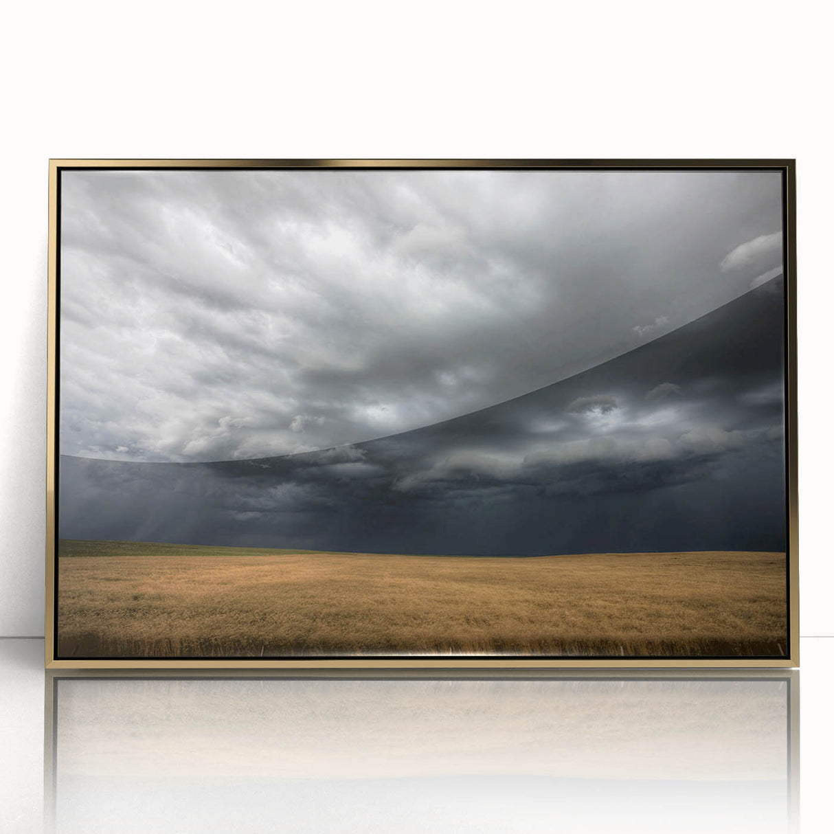 Framed acrylic wall art featuring a vibrant landscapes and skyscapes design in gold tones, showcasing a modern aesthetic ideal for home decor.