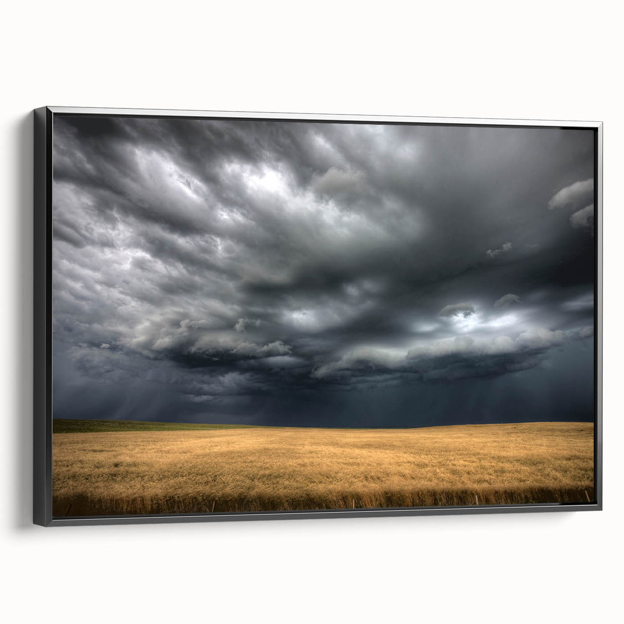 Framed canvas wall art showcasing a serene landscapes and skyscapes design, featuring a black frame and a sleek side view, perfect for modern decor.