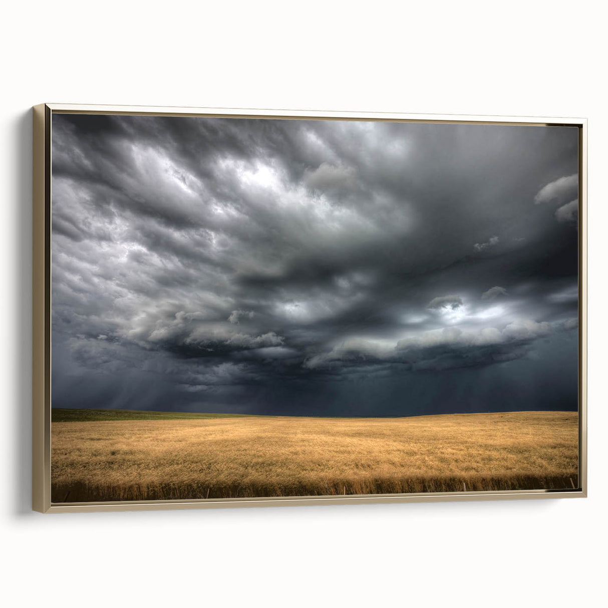 Framed canvas wall art depicting a vibrant landscapes and skyscapes design, featuring rich colors and a sleek gold frame, perfect for modern decor.