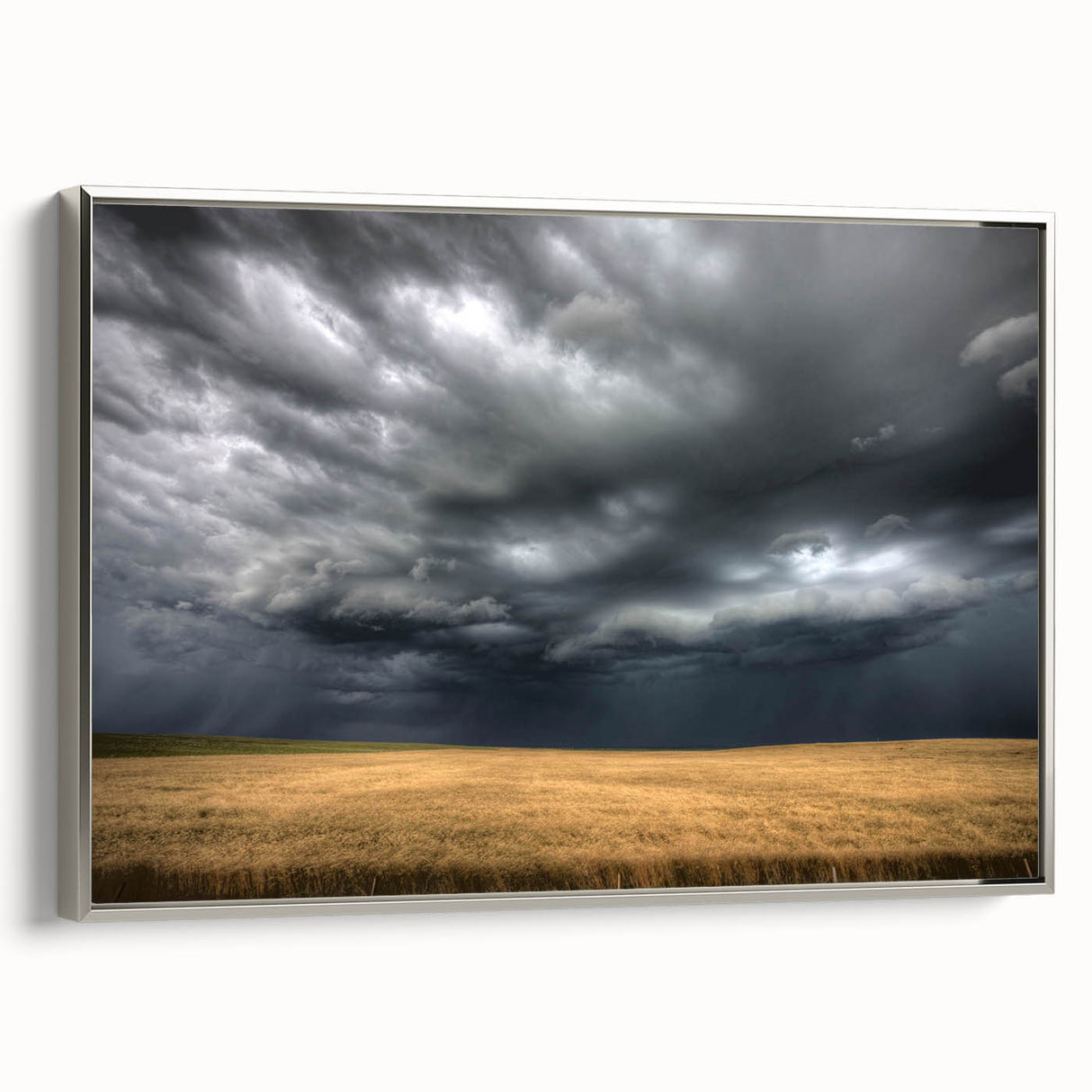 Framed canvas wall art showcasing a serene landscapes and skyscapes design, featuring a silver frame that enhances the artwork's elegance, perfect for modern home décor.