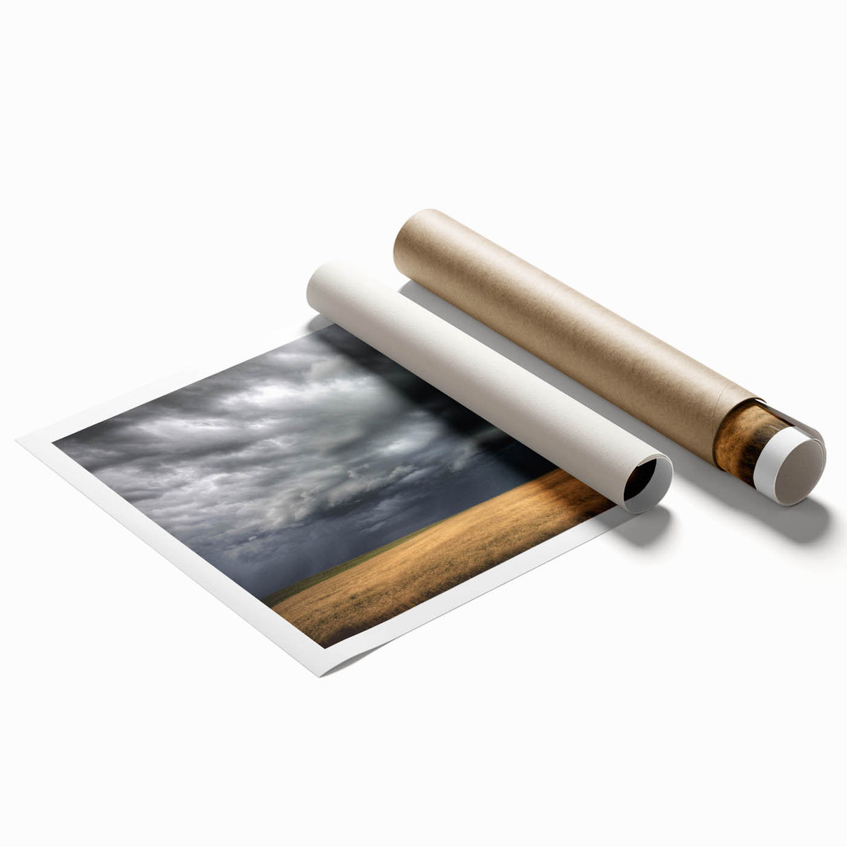 Rolled print of a serene landscape featuring vibrant blue skies, lush green hills, and soft white clouds, ideal for home decor and art lovers.