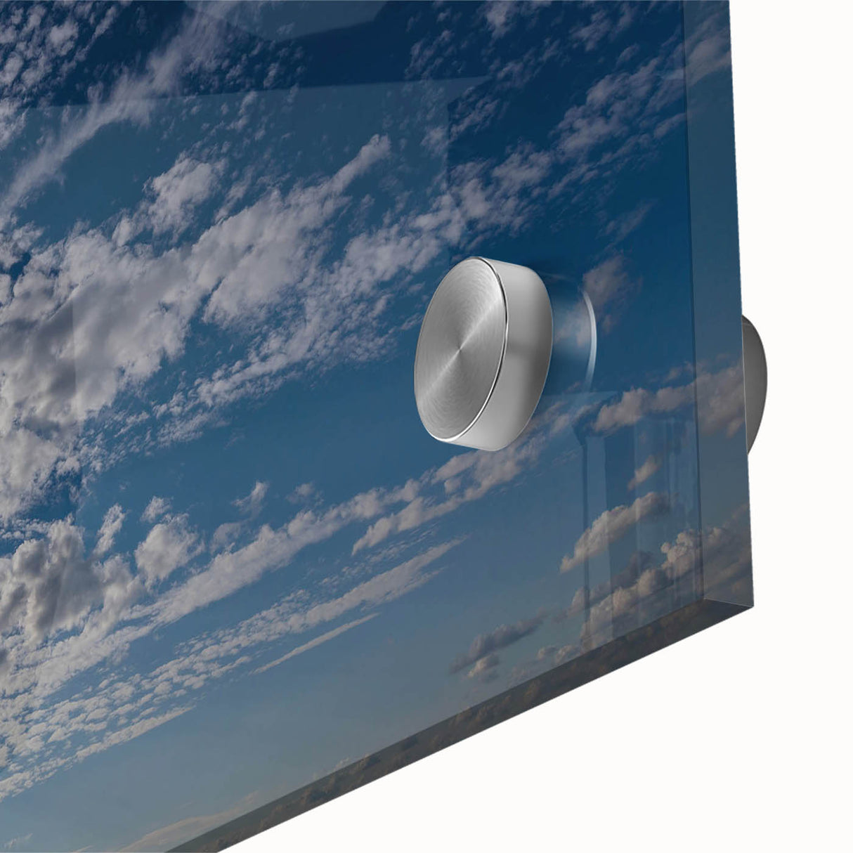 Close-up of a vibrant acrylic landscape wall art piece showcasing colorful skyscapes, ideal for modern home decor, highlighting rich blues and warm oranges.