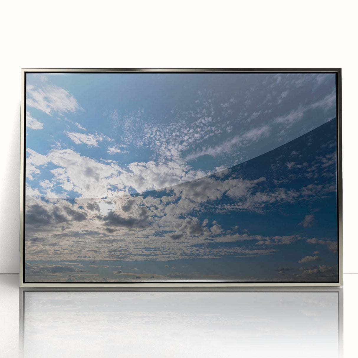 Framed acrylic wall art from the Landscapes Skyscapes Design Collection, featuring a serene landscape with soft colors and silver accents, perfect for home decor.