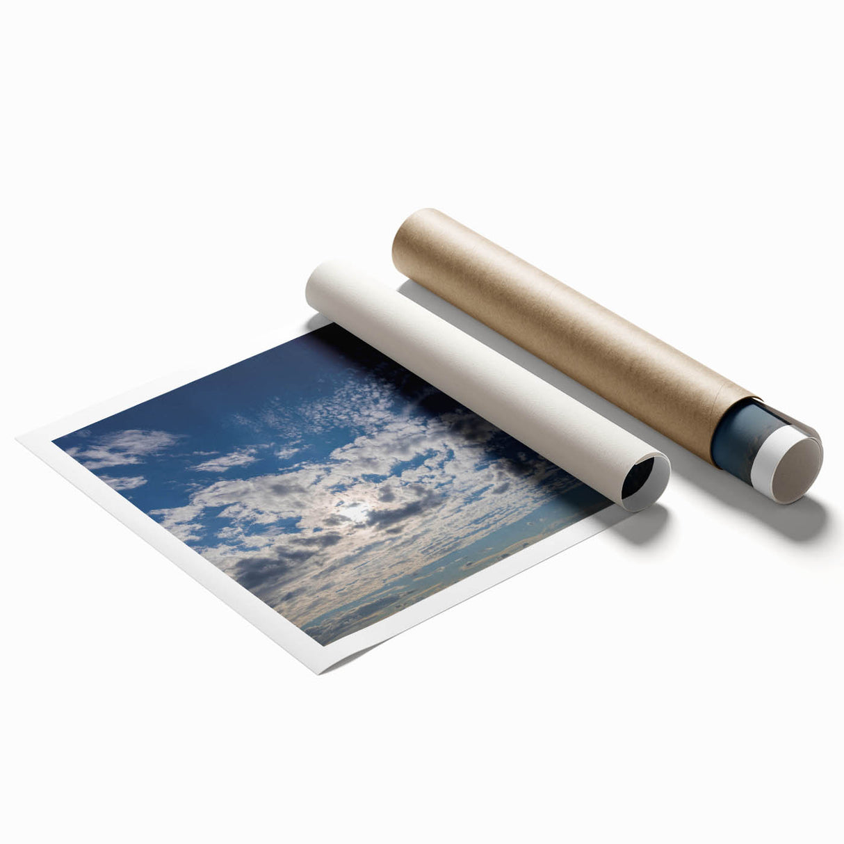 Vibrant rolled print from the Landscapes & Skyscapes collection, showcasing a serene sunset over mountains in warm hues, perfect for home decor accent.