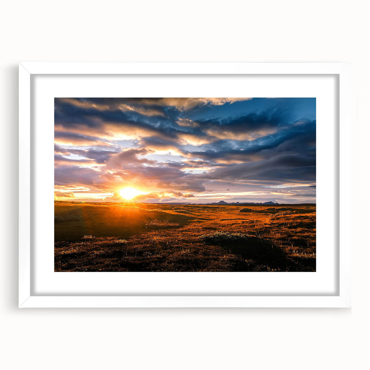 Framed white wall art collection featuring a serene landscape design with soft pastel colors and a mat, perfect for modern home decor or office settings.