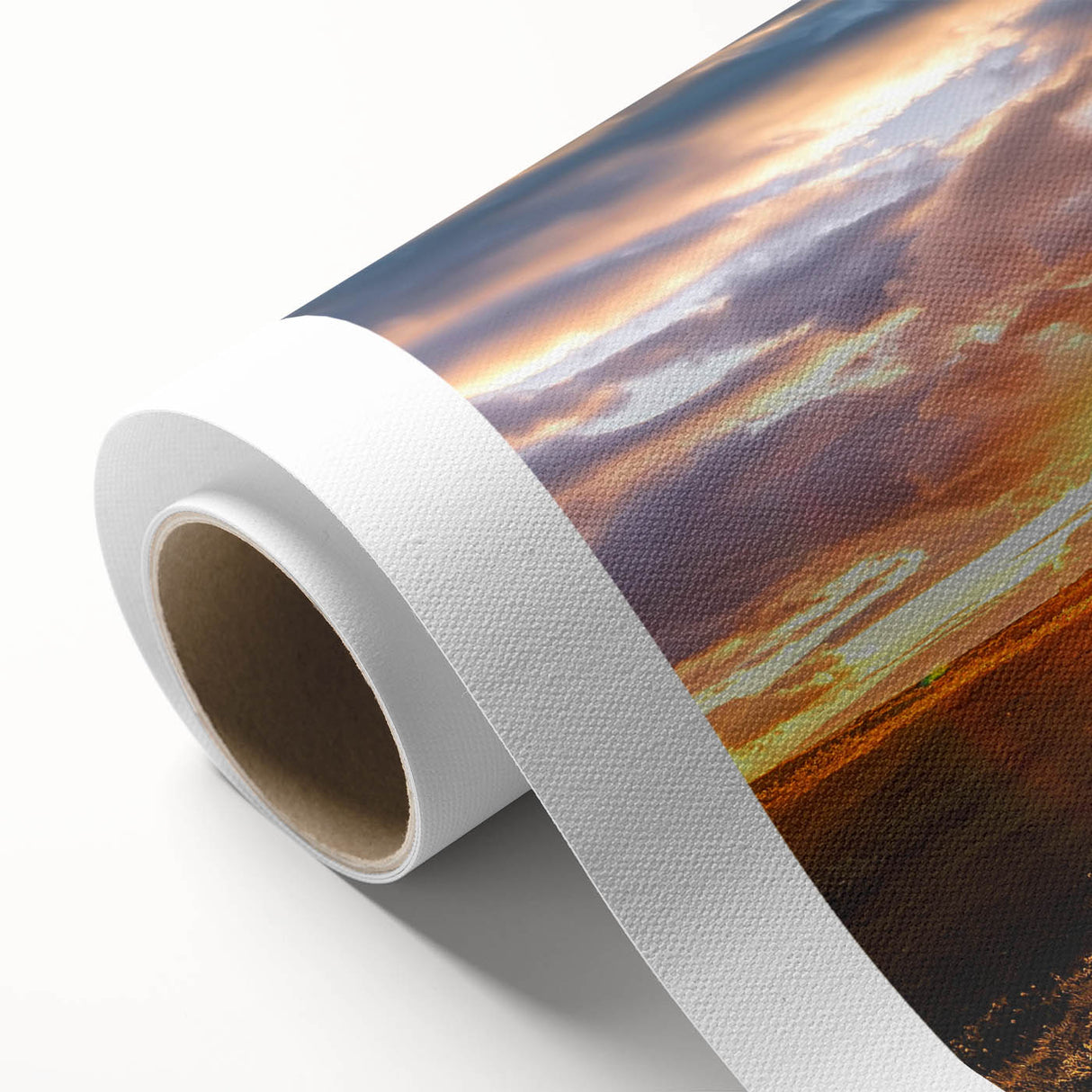 Colorful rolled canvas art showcasing a vibrant abstract landscape design, encapsulated in a protective cardboard tube, perfect for home décor enhancement.