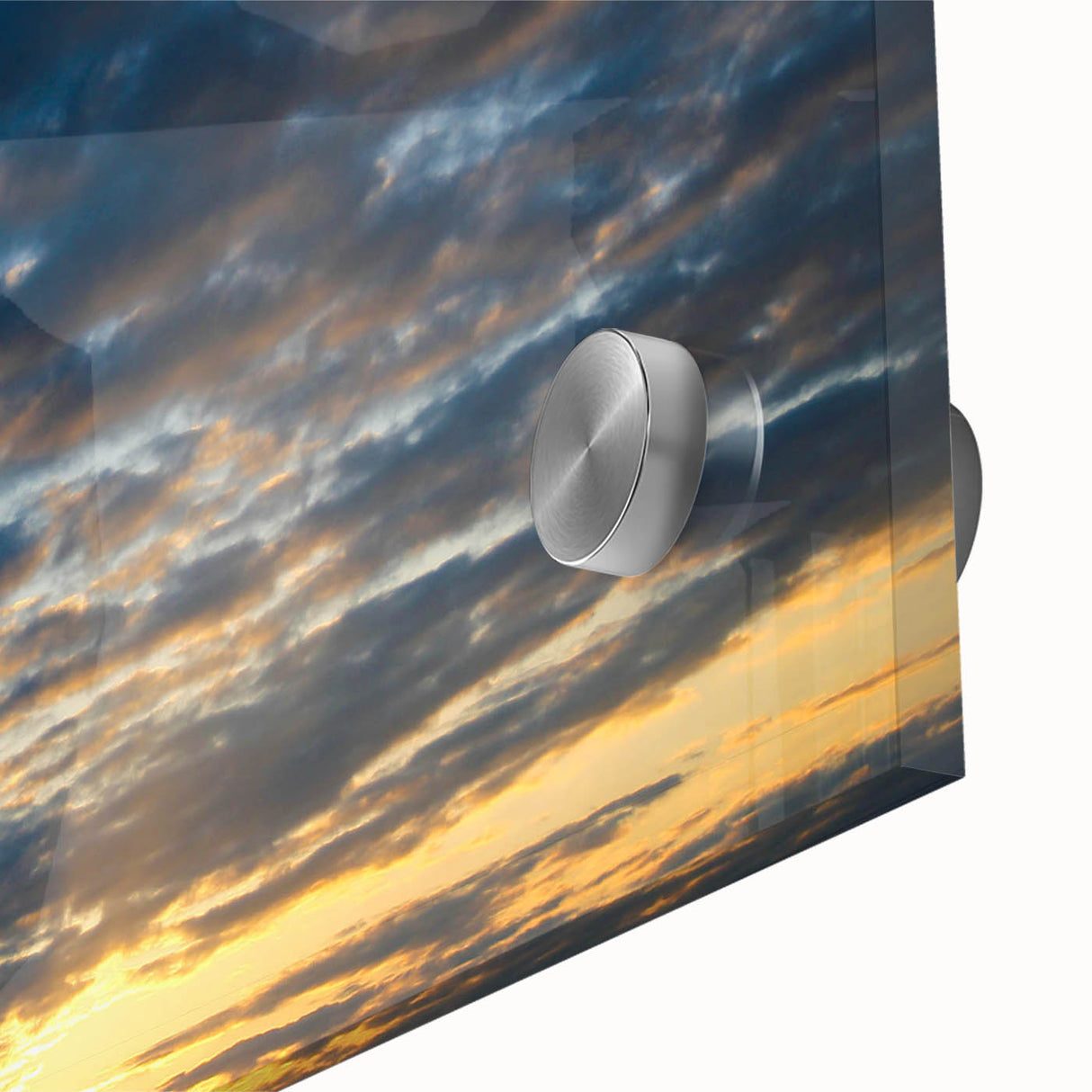 Close-up of a vibrant acrylic glass wall art piece featuring a serene landscape with a dramatic sky, perfect for home decor or office ambiance, showcasing vivid colors and intricate details. Ideal for art enthusiasts seeking modern artistic expressions.