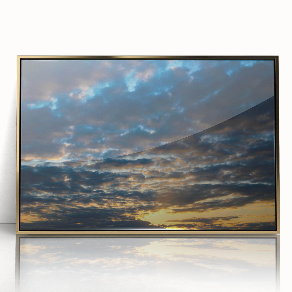 Framed acrylic wall art featuring a stunning landscape and skyscape design with gold accents, ideal for modern home decor. Perfect for adding elegance to any room.