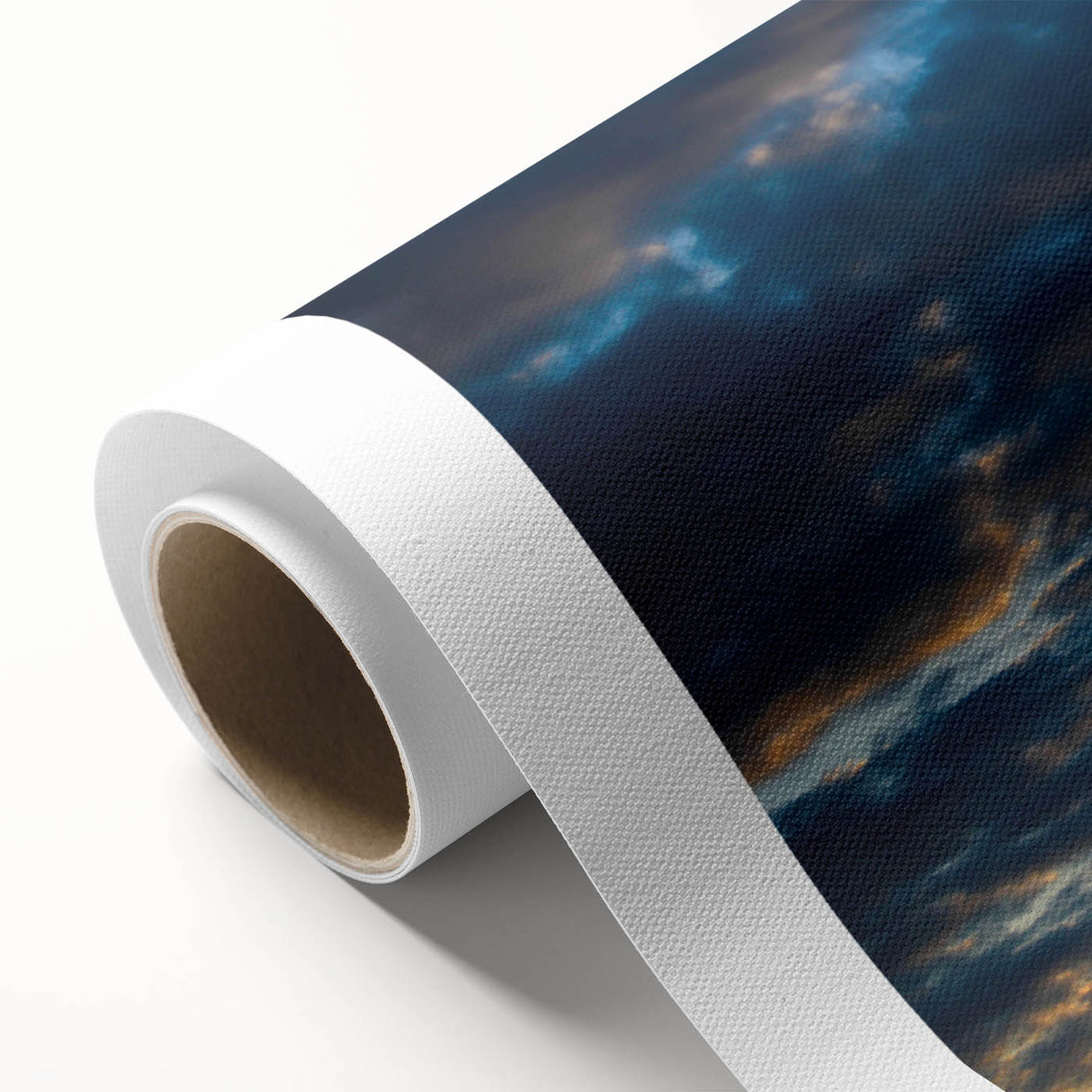 Vibrant rolled canvas artwork showcasing a breathtaking landscape with dynamic clouds and vivid colors, ideal for enhancing home decor and artistic expression.