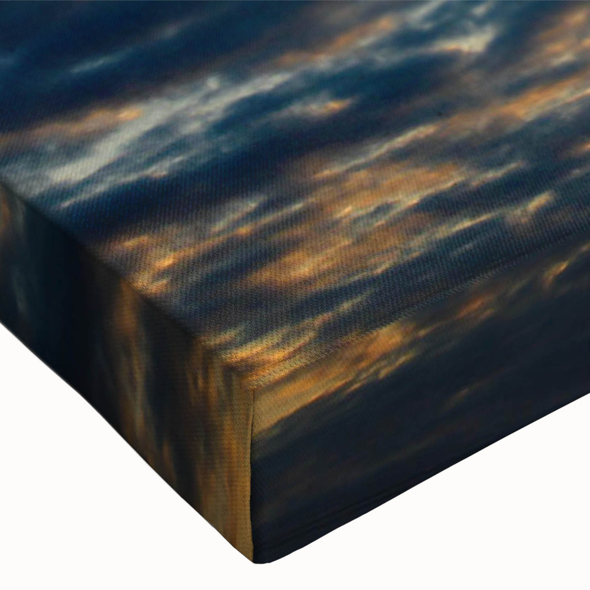 Close-up of a vibrant stretched canvas wall art piece showcasing an abstract landscape design, featuring rich colors and intricate textures, perfect for modern home decor.