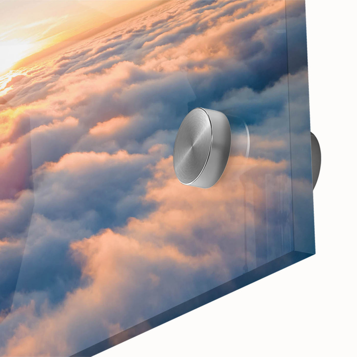Close-up of a vibrant acrylic glass wall art collection showcasing abstract landscapes and skyscapes, featuring vivid colors and intricate details, perfect for modern decor.