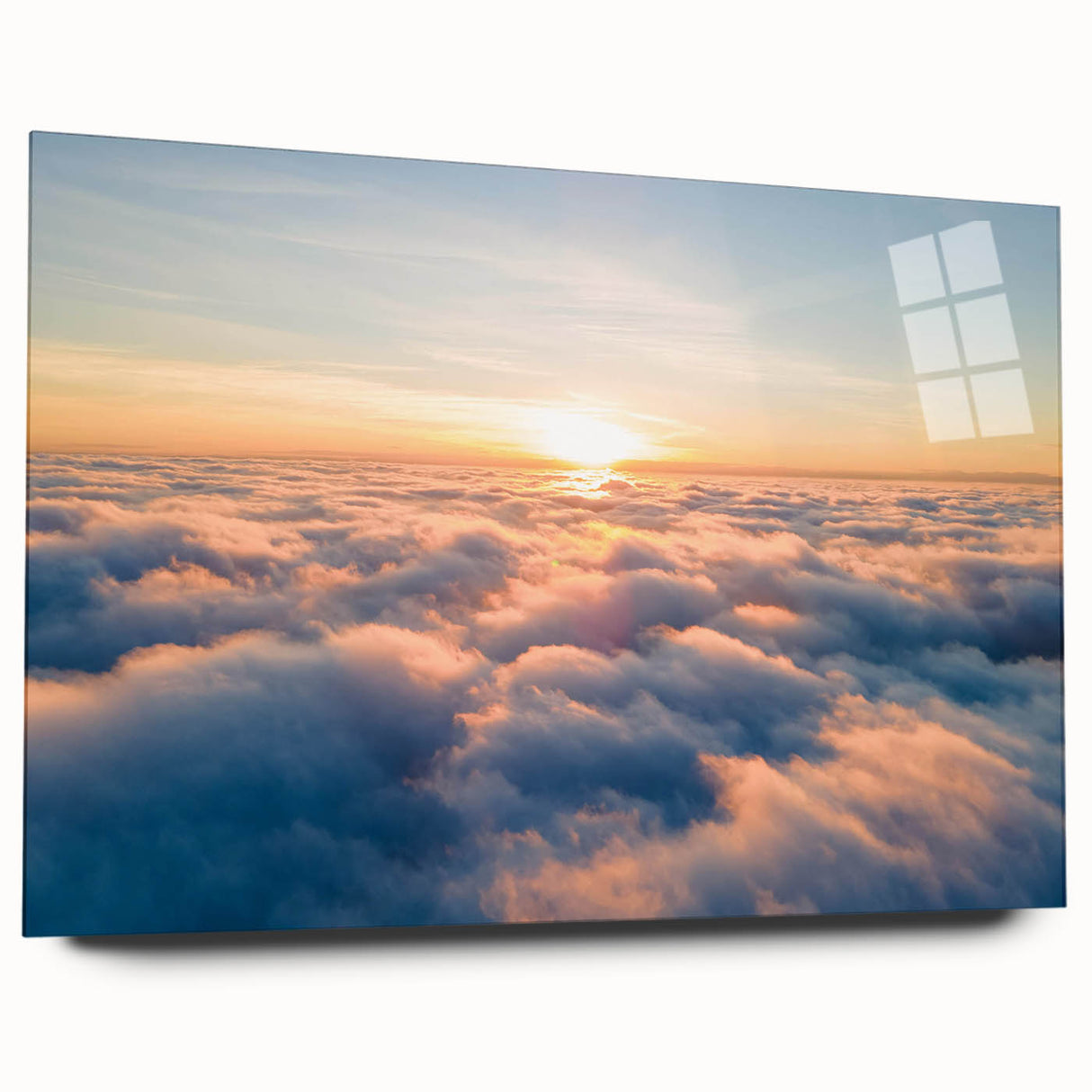 Acrylic glass wall art displaying a vibrant landscape design, showcasing bold colors and intricate details, ideal for modern home decor. The artwork is presented from a side view, emphasizing its sleek edges and contemporary aesthetic, perfect for enhancing any living space.