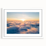 Framed landscape wall art collection showcasing serene skyscapes in soft hues, displayed in a minimalist white frame with matting, ideal for modern home decor.