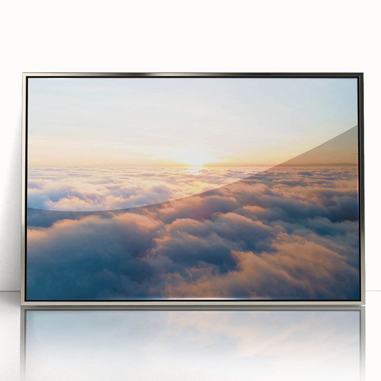 Framed acrylic wall art collection showcasing vibrant landscapes and skyscapes, featuring a sleek silver frame, perfect for modern home decor and interior design.