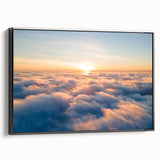 Framed canvas wall art featuring a serene landscape with vibrant sky colors, showcasing a black frame and side view, ideal for modern home decor.
