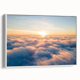 Framed canvas wall art showcasing a serene landscape and vibrant skyscape in soothing colors, displayed from a side view against a white background.