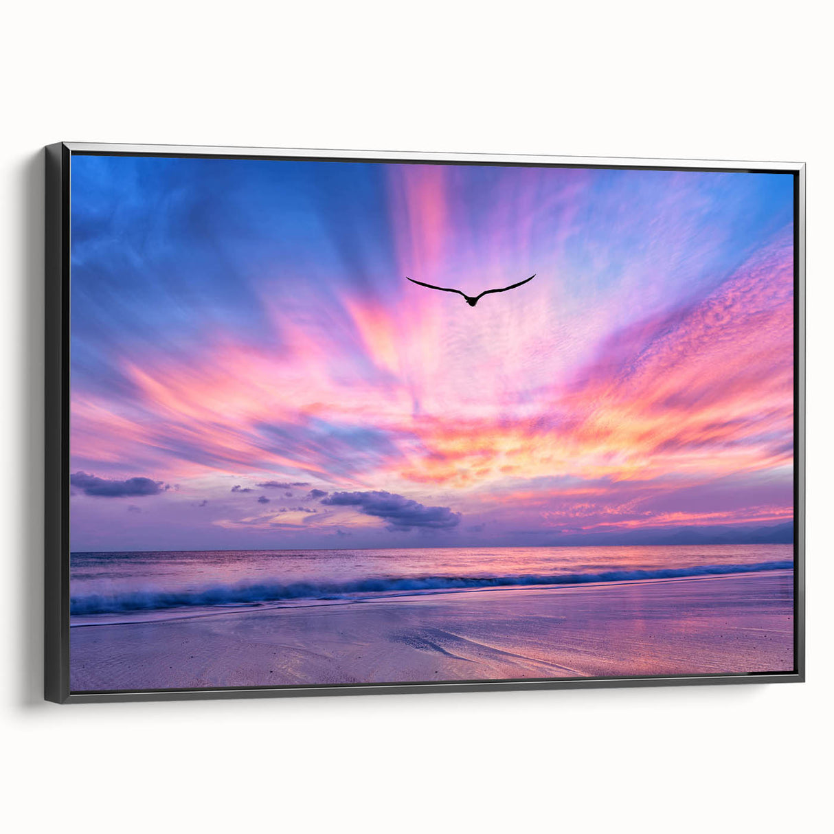 Framed canvas wall art featuring a serene landscape design with vibrant colors and a black frame, showcasing a modern aesthetic ideal for home decor.