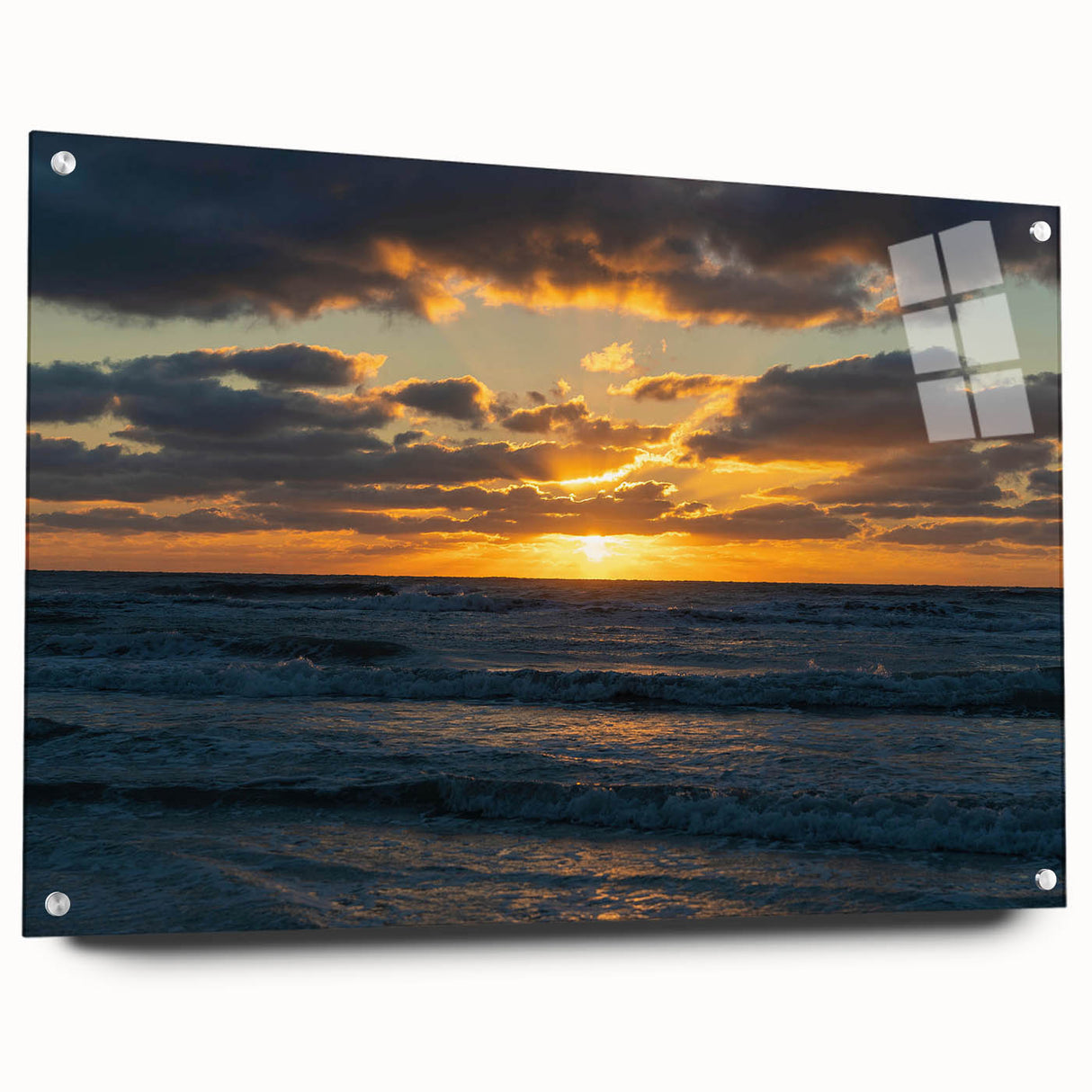 Side view of a modern wall art collection featuring acrylic glass landscapes and skyscapes, showcasing vibrant colors and intricate details, perfect for home decor.