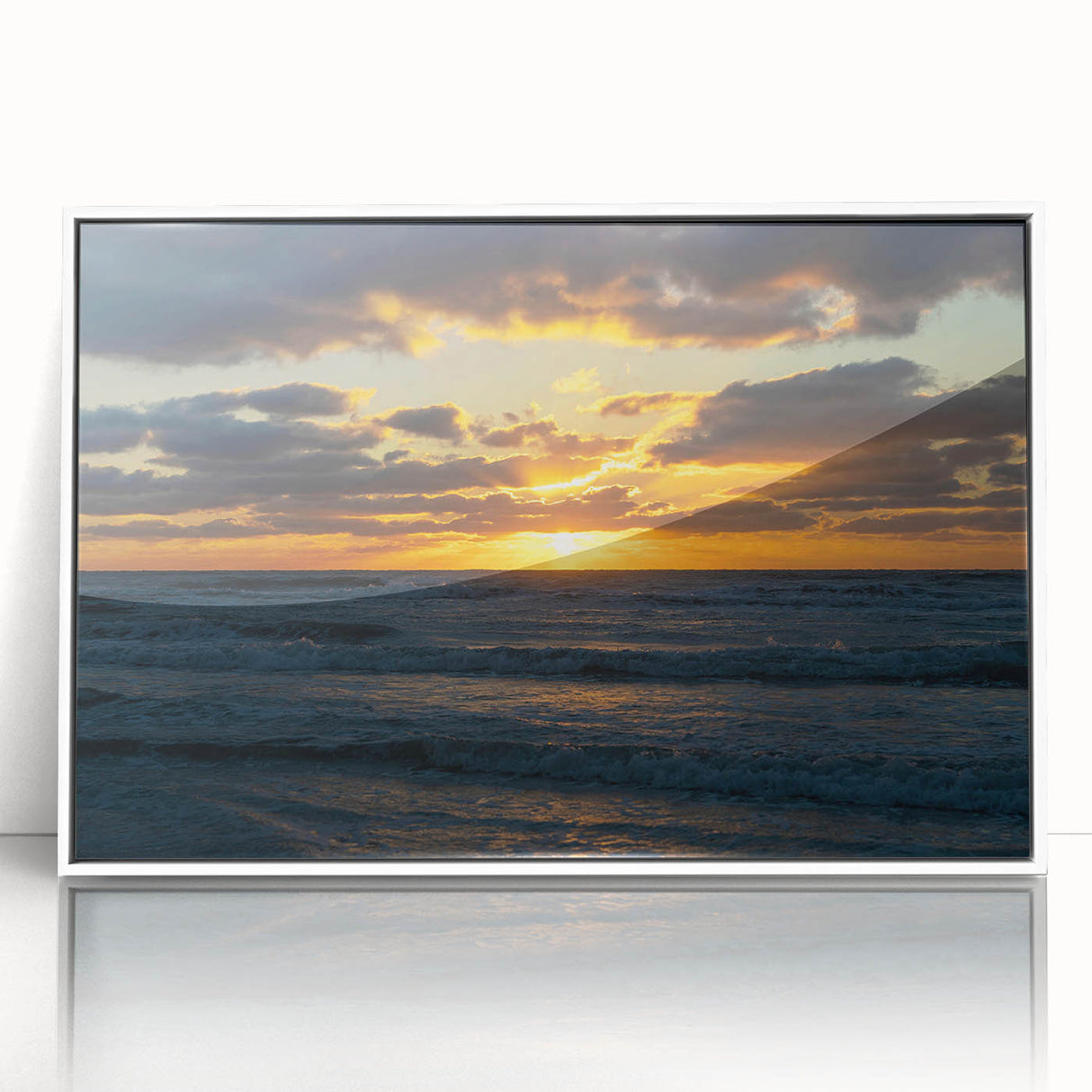 Framed acrylic wall art featuring a serene landscape with vibrant colors, elegantly displayed in a white frame, perfect for enhancing modern home decor.