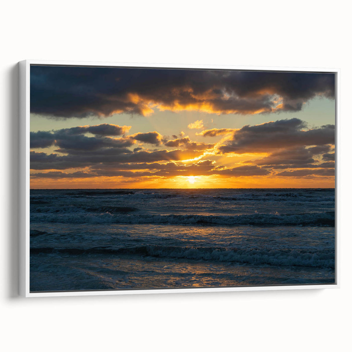 Framed wall art collection showcasing vibrant landscapes and skyscapes design in a sleek white frame, perfect for modern home decor. The piece adds a touch of elegance and serenity to any living space.