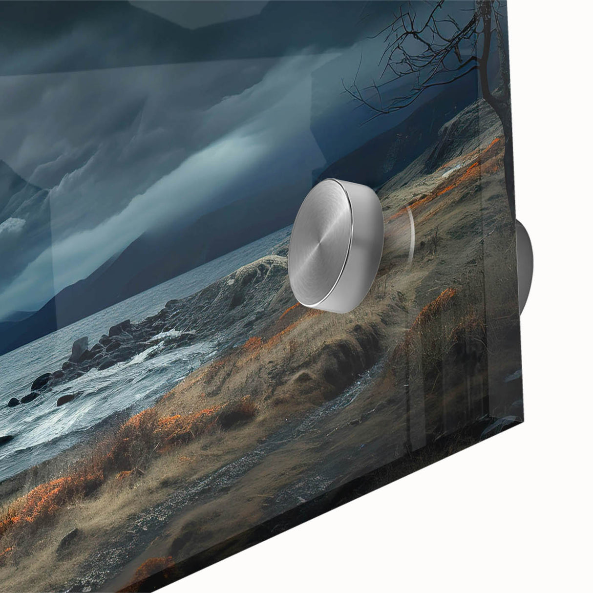 Close-up of a vibrant acrylic glass wall art piece showcasing a colorful landscape and skyscape design, perfect for modern home decor. The artwork features bold hues and intricate details, enhancing any interior space with a touch of artistic flair.