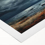 Rolled canvas showcasing a vibrant landscape scene with deep blue skies and lush green hills, designed for wall art enthusiasts, presented in protective packaging.