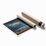 Vibrant rolled print of abstract landscape featuring rich colors and dynamic forms, ideal for modern decor, packaged securely in a cardboard tube for safe delivery.