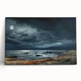 Stretched canvas wall art featuring a serene landscape design with soft pastel colors, leaning against a textured wall, perfect for home decor.