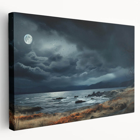 Stretched canvas wall art featuring a vibrant landscape design showcasing a sunset over rolling hills, perfect for home decor. The piece includes rich colors and intricate details, ideal for adding a serene atmosphere to any room.