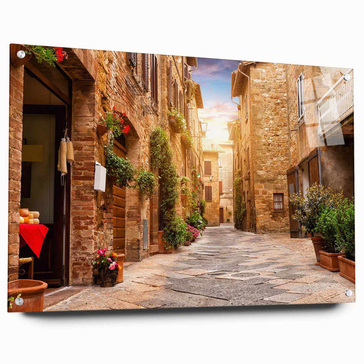 Acrylic glass wall art collection showcasing a vibrant street landscape design, featuring colorful urban scenes and intricate details, displayed from a side view with visible pins. Perfect for adding modern flair to home decor.