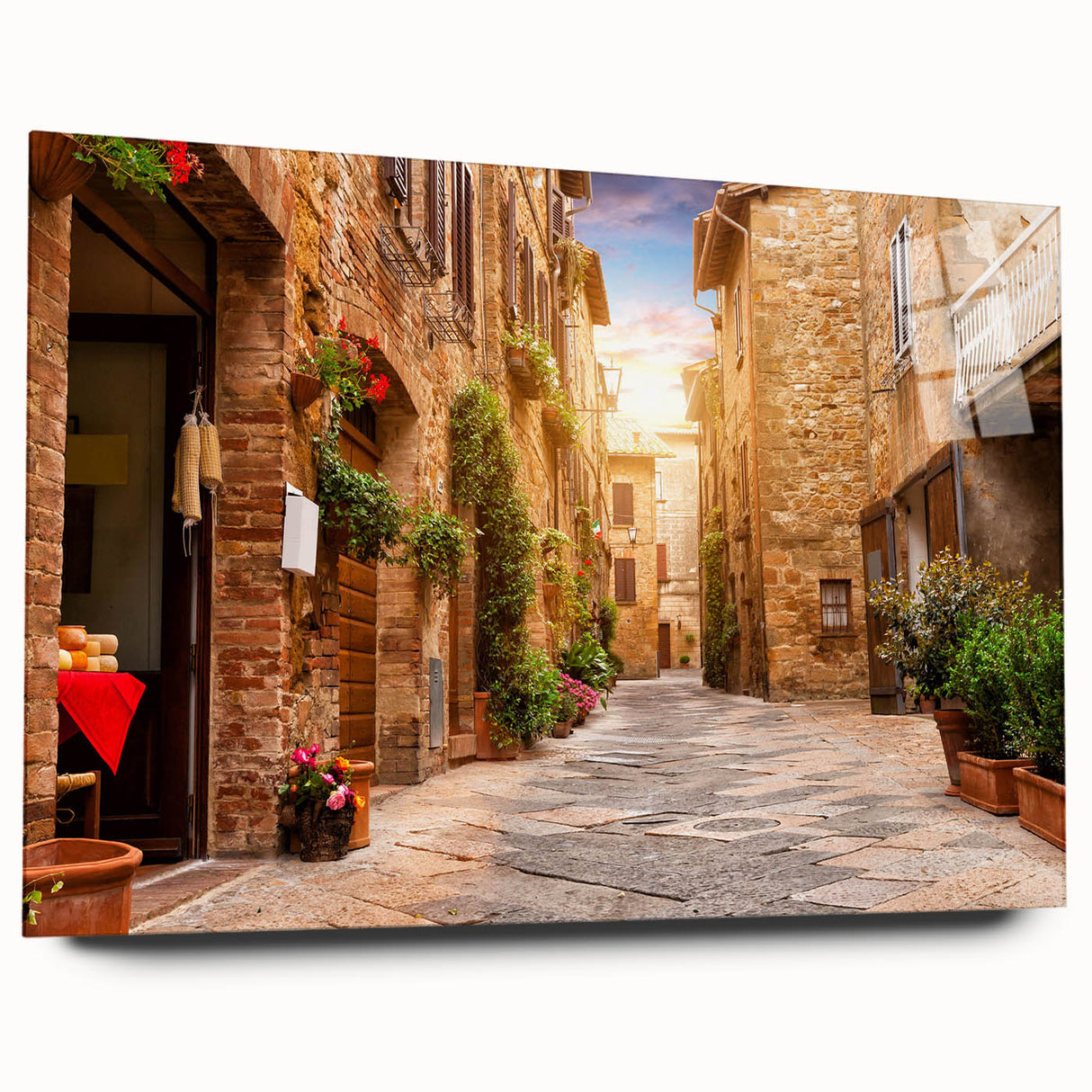 Acrylic glass wall art featuring a vibrant street landscape design, showcasing colorful buildings and lively urban details, perfect for modern home decor.
