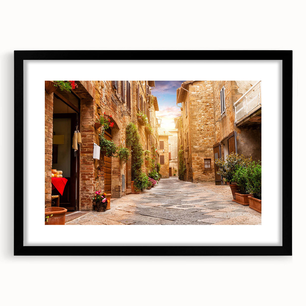 Framed black wall art featuring a modern cityscape design with a white mat, perfect for home decor. Ideal for adding a stylish touch to any living space.