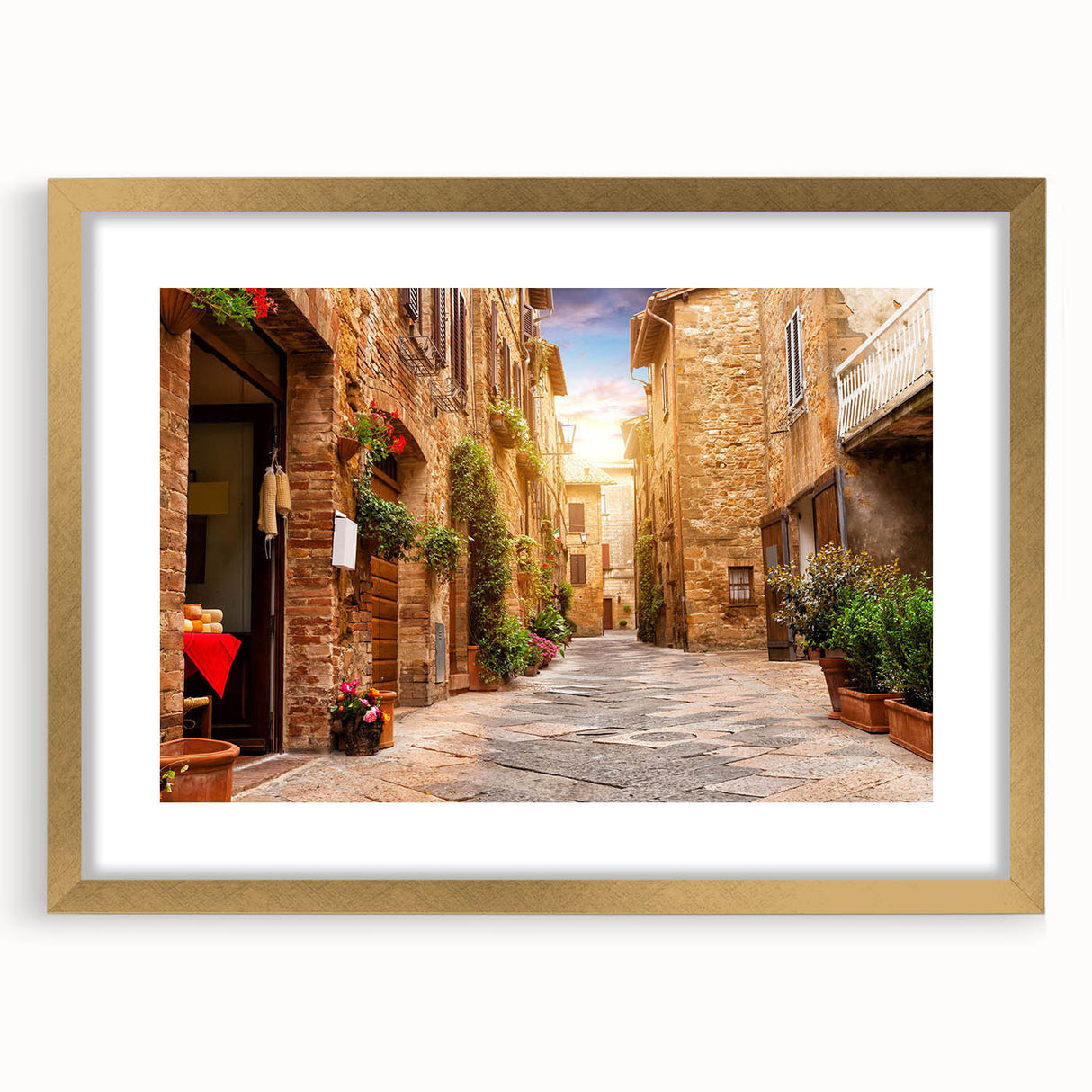 Framed wall art featuring a vibrant street landscape design, presented in a gold frame with a mat, enhancing home decor with modern elegance. Ideal for art lovers seeking stylish interior accents.