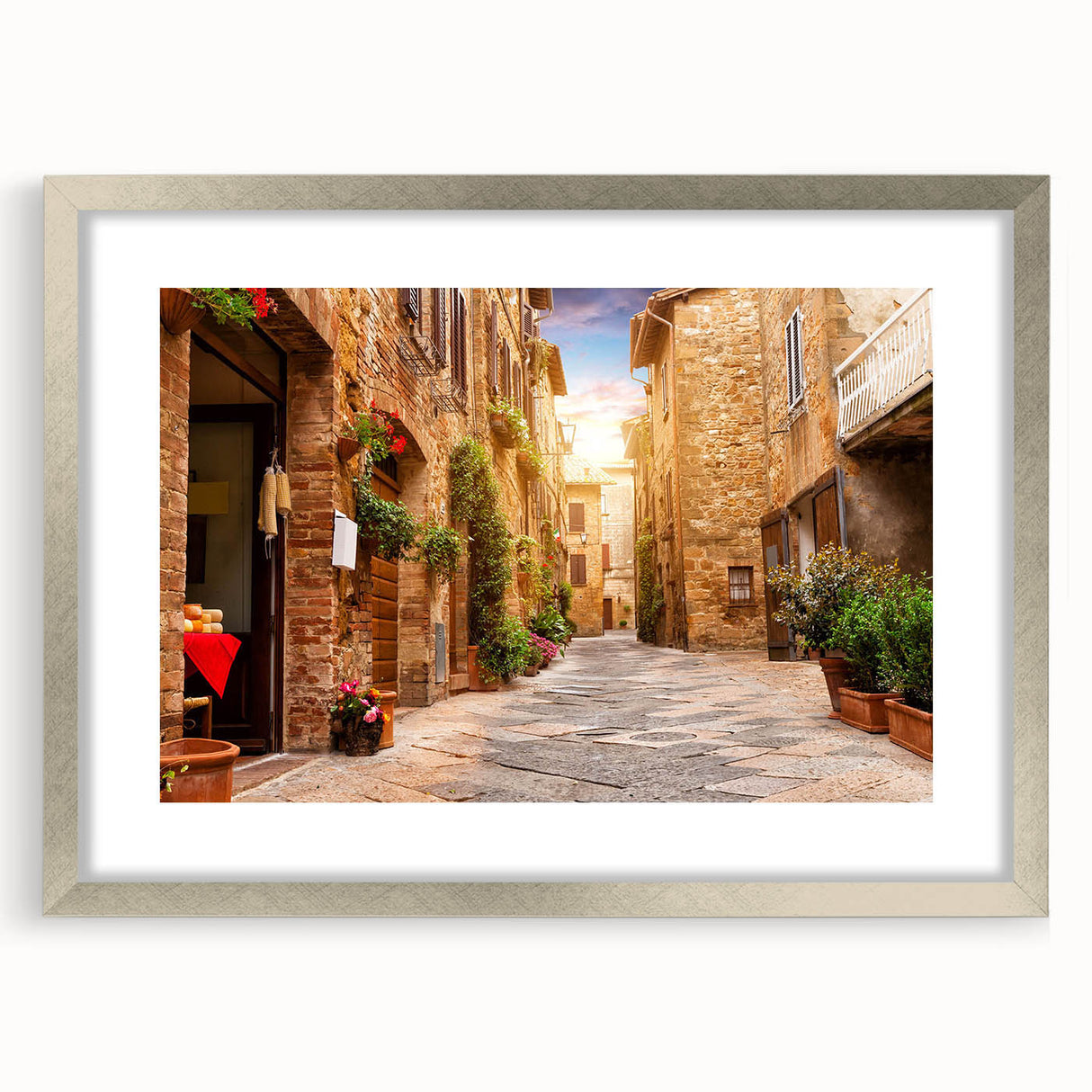 Framed silver wall art showcasing a vibrant street landscape design, featuring a modern aesthetic with a mat border, perfect for contemporary home decor.