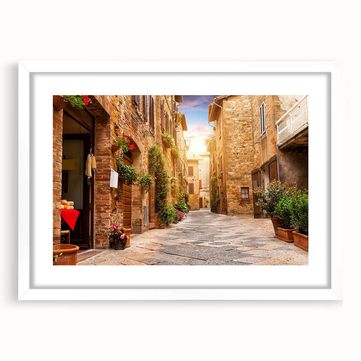 Framed wall art showcasing a vibrant landscape design with streets and nature elements, featuring a white mat around the artwork for an elegant presentation.