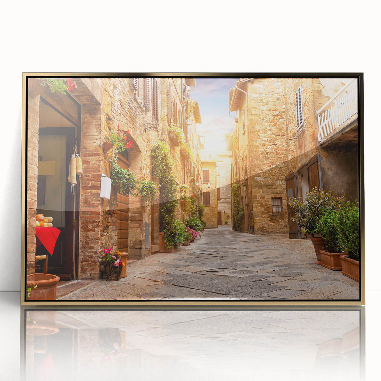 Framed wall art showcasing a vibrant street landscape design in gold and black acrylic, perfect for modern home decor. Ideal for enhancing living spaces with artistic flair.