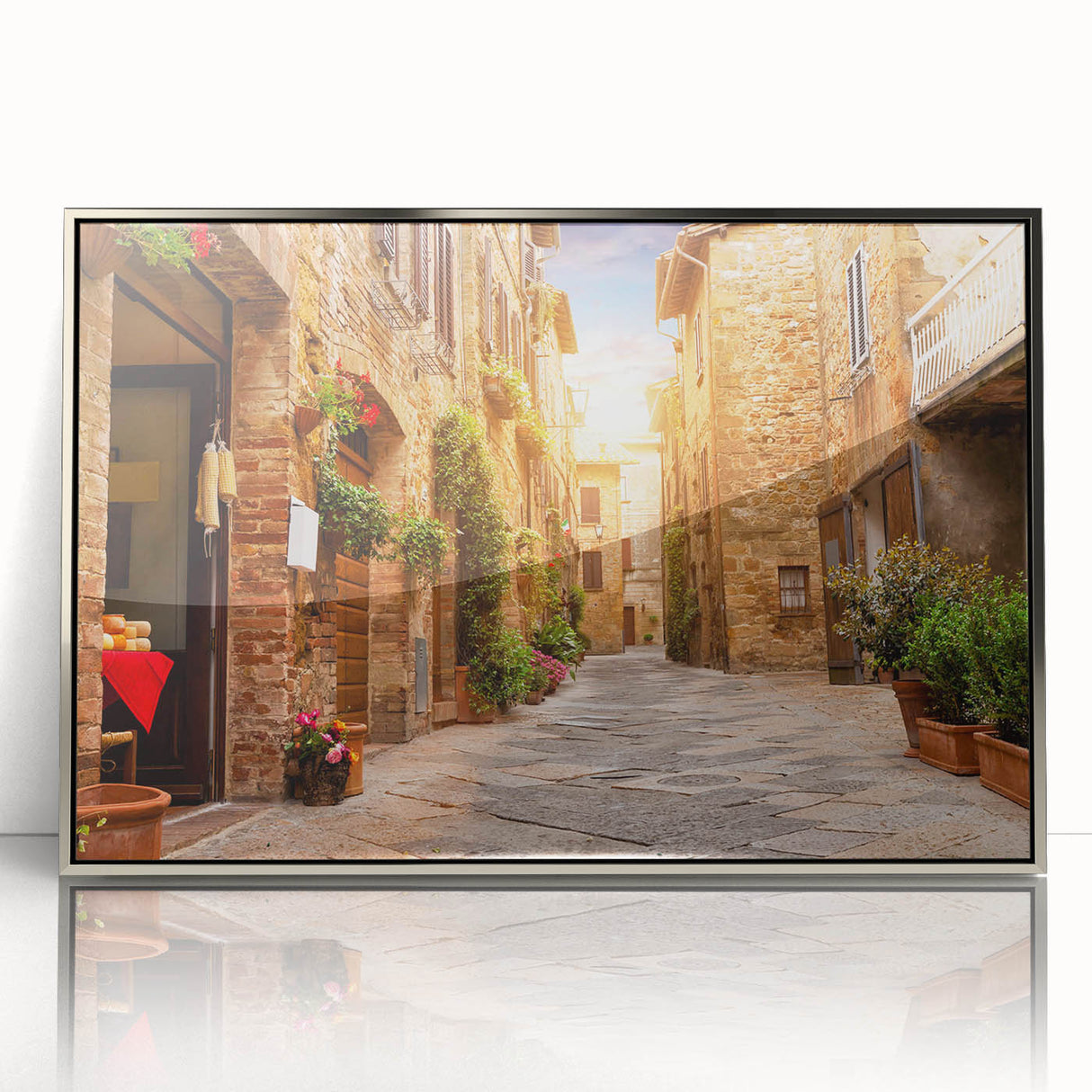 Framed wall art featuring a modern landscape design with vibrant colors and a sleek silver frame, ideal for enhancing contemporary home decor.