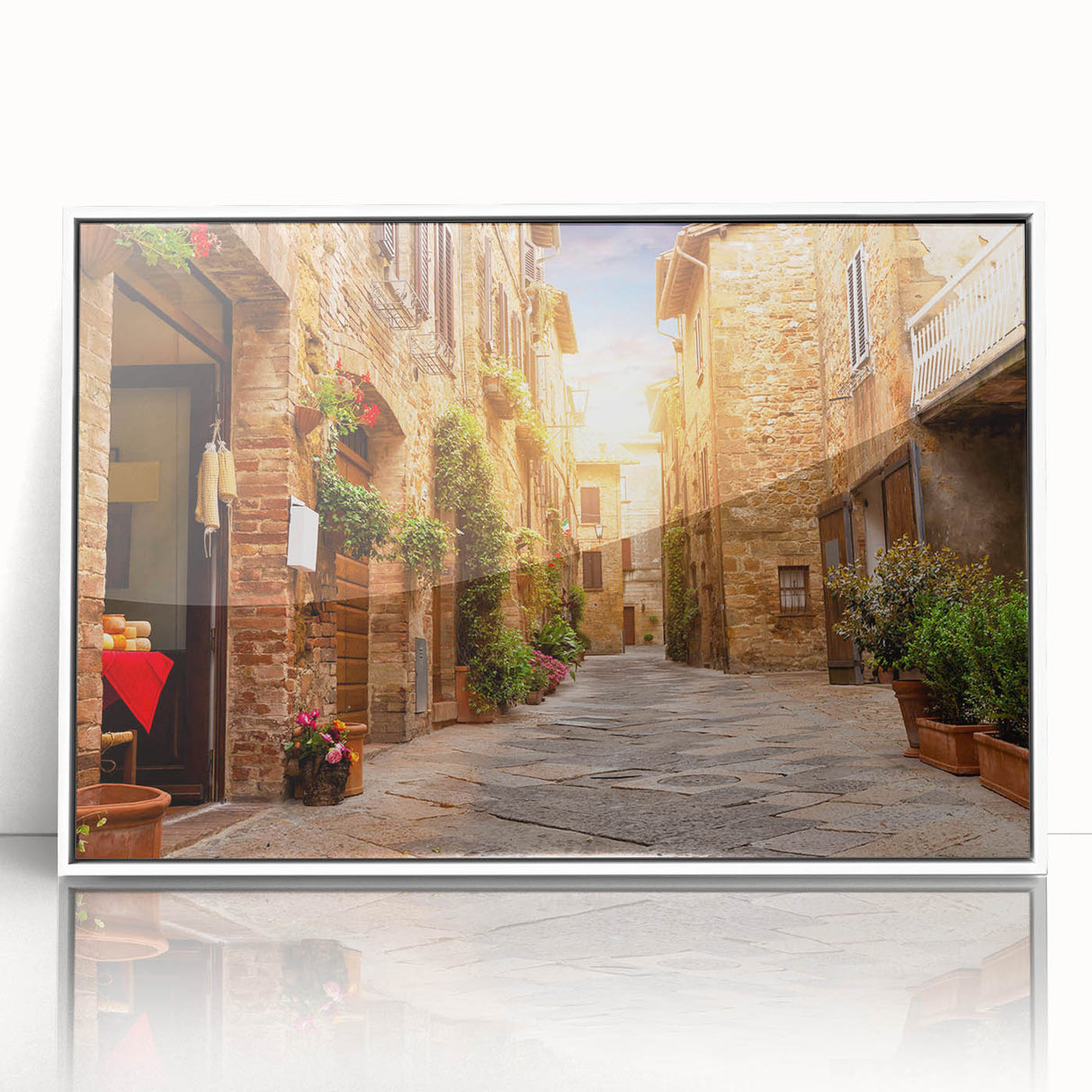 Framed acrylic wall art featuring a vibrant street landscape design in white frame, perfect for modern home decor, showcasing colorful city scenes and artistic elements.
