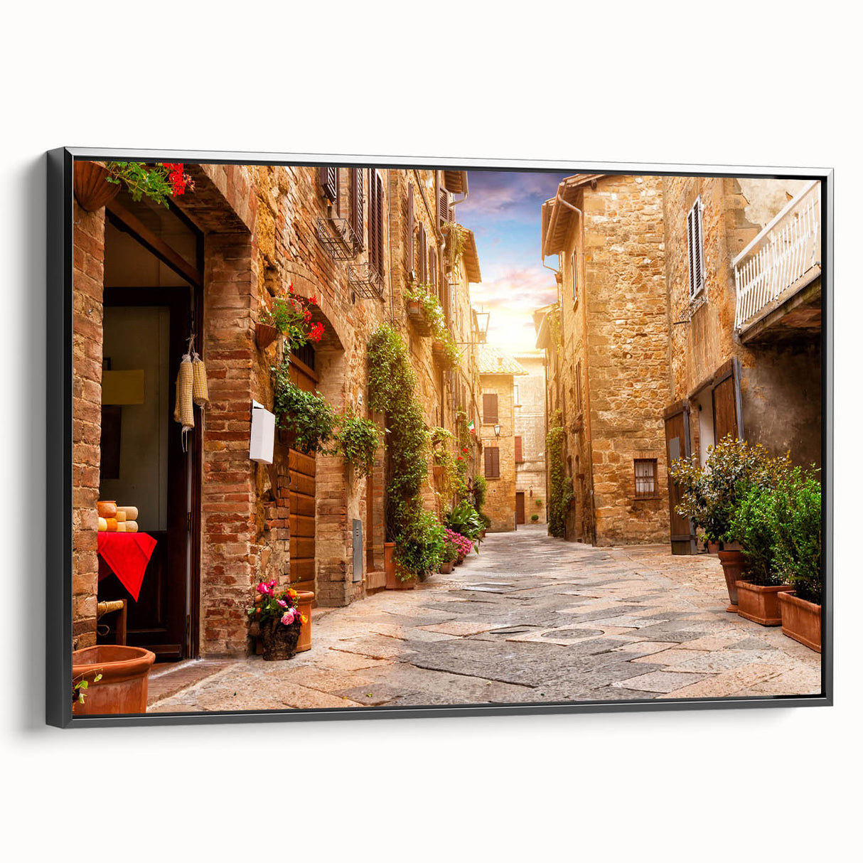 Framed canvas wall art featuring a modern landscape design, showcasing abstract streets in earthy tones with a sleek black frame, ideal for contemporary decor.