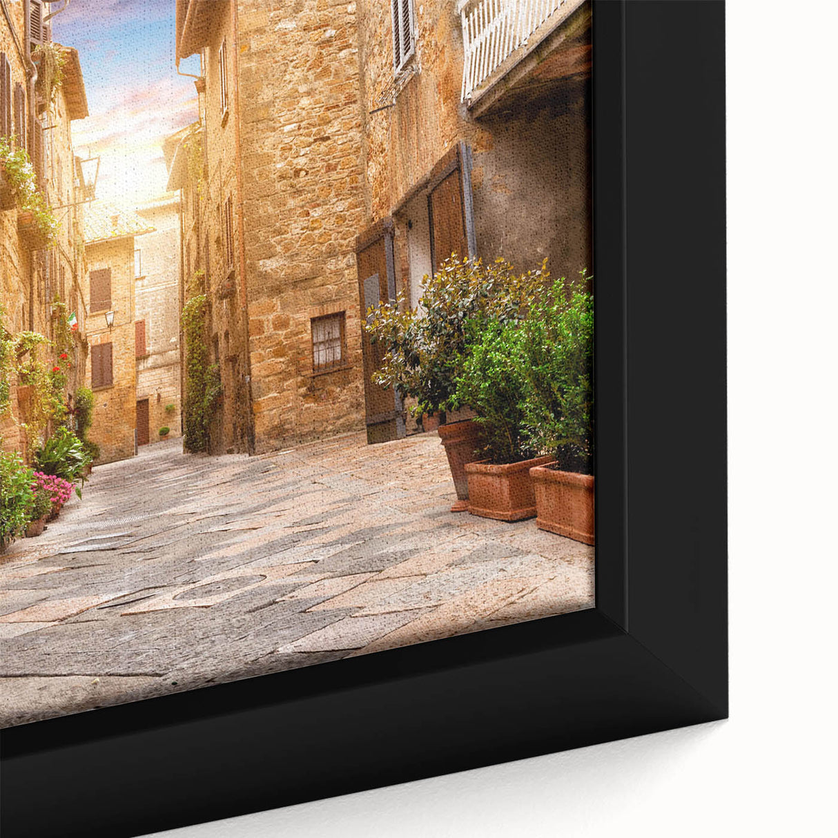 Close-up of a framed canvas wall art piece showcasing an urban landscape design, featuring vibrant colors and intricate details, perfect for modern home decor.