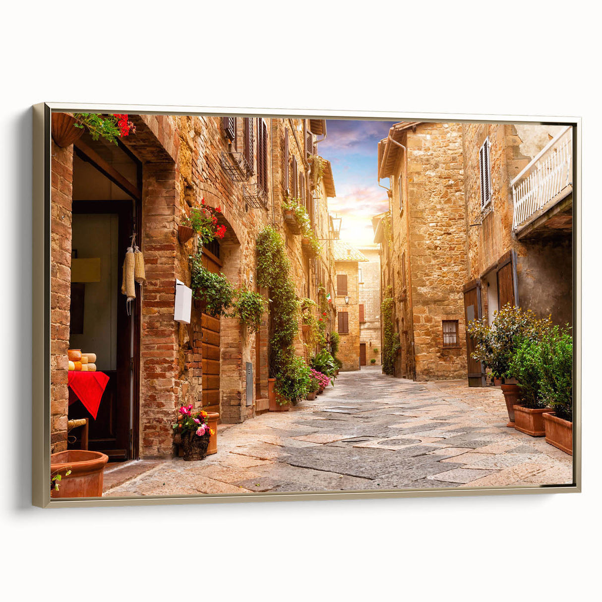 Framed canvas wall art showcasing a vibrant landscape design with golden accents, perfect for modern home decor, adding elegance to any room setting.