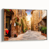 Framed canvas wall art showcasing a modern streetscape design in vibrant colors, accented with a sleek silver frame, ideal for contemporary home decor.