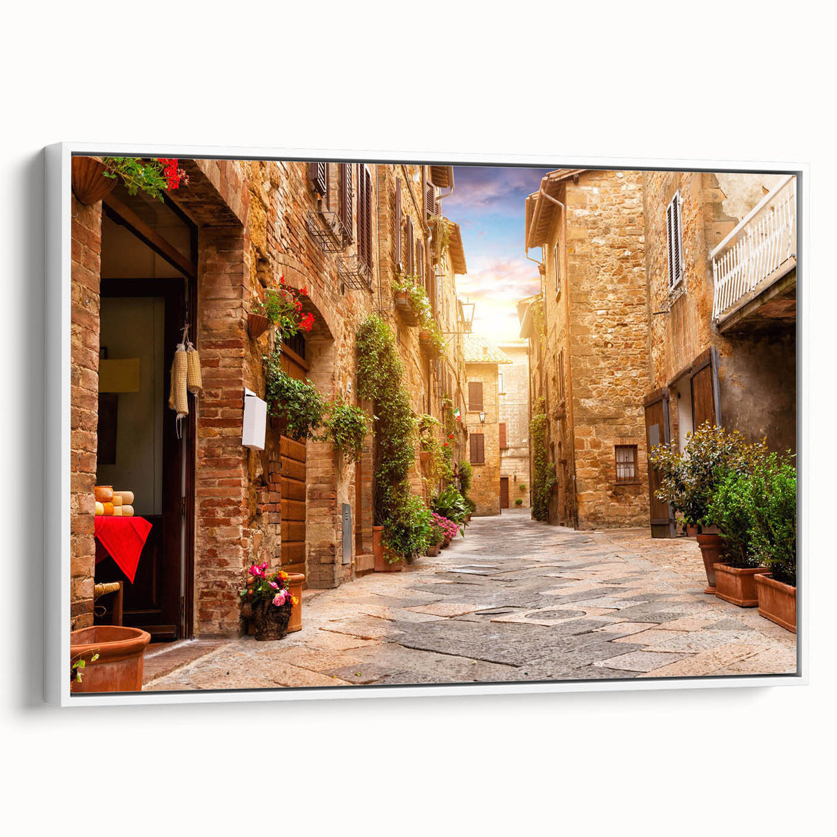 Framed canvas wall art featuring a contemporary street landscape design in white, showcasing vibrant colors and intricate details, perfect for modern home decor.