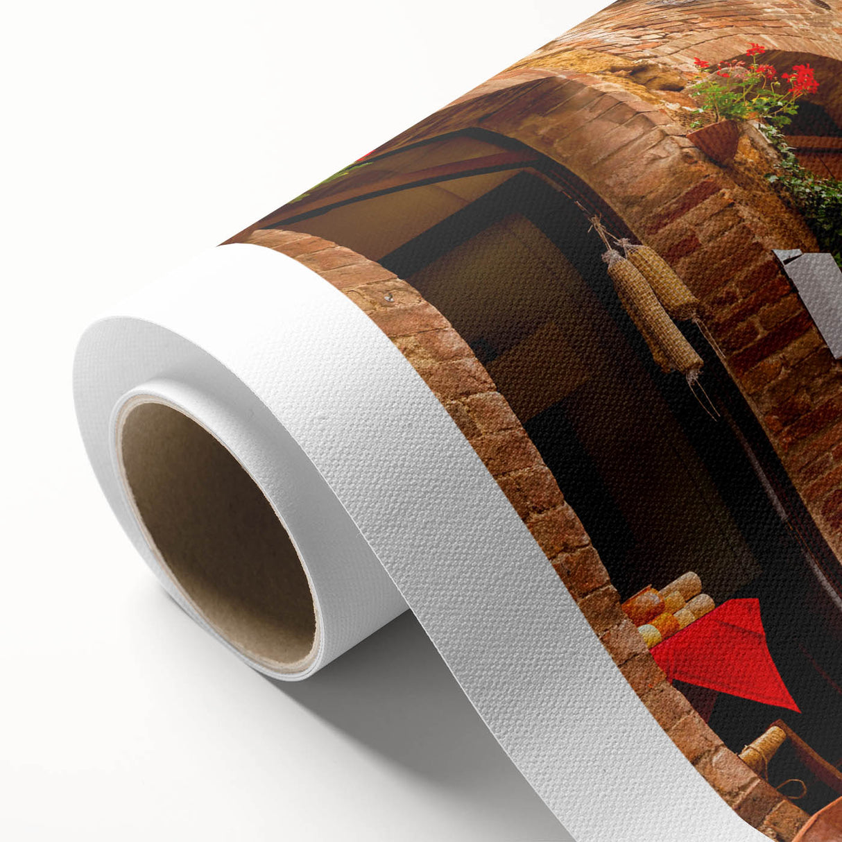 Rolled canvas artwork showcasing a vibrant street landscape design, featuring colorful buildings and intricate details, ideal for modern home decor.
