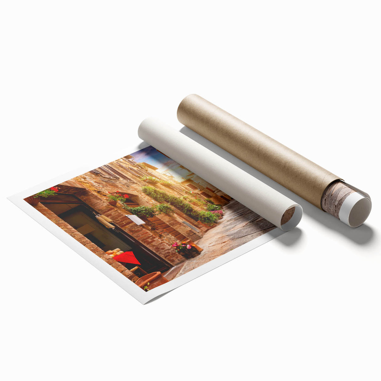 Abstract wall art print showcasing vibrant landscapes and streets in a modern design, rolled and ready for framing, perfect for contemporary home decor.