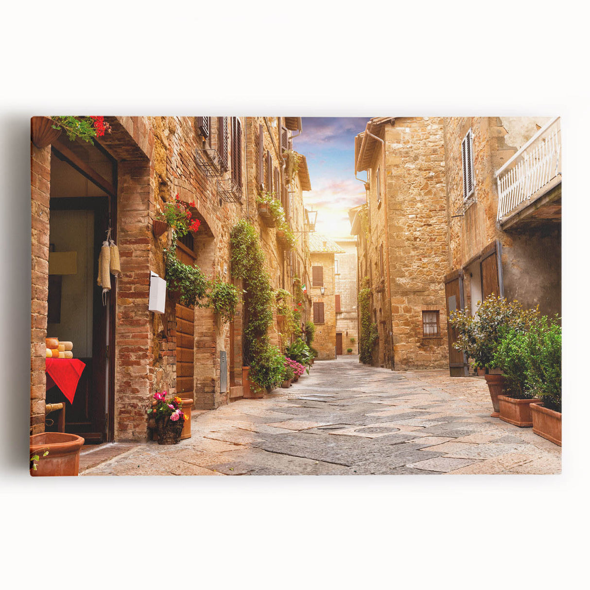 Stretched canvas wall art showcasing a vibrant city street landscape design, featuring bright colors and intricate details, perfect for modern home decor.